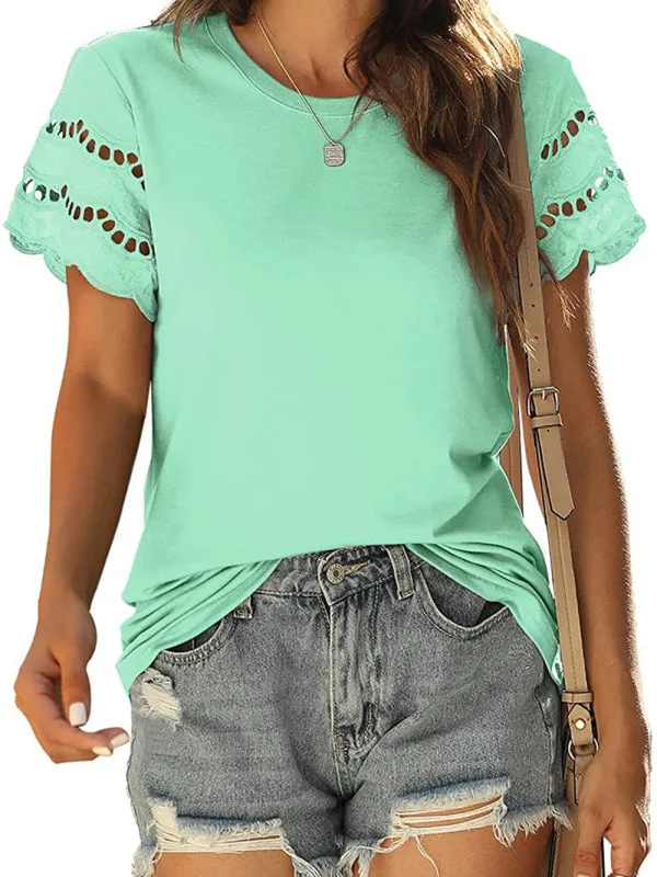 Women's Solid Colour Embroidered Cut Out Sleeve Detail Top