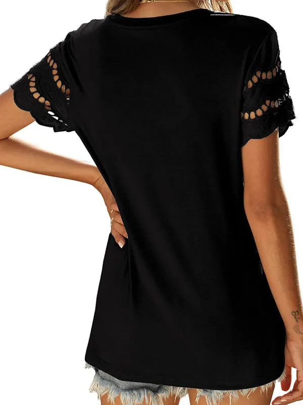 Women's Solid Colour Embroidered Cut Out Sleeve Detail Top