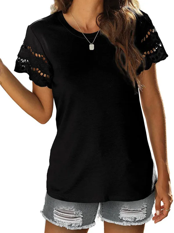 Women's Solid Colour Embroidered Cut Out Sleeve Detail Top