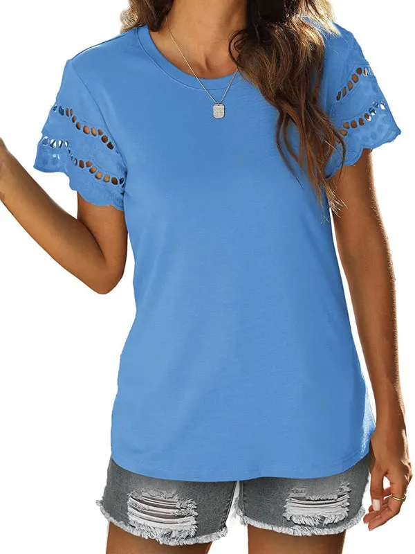 Women's Solid Colour Embroidered Cut Out Sleeve Detail Top