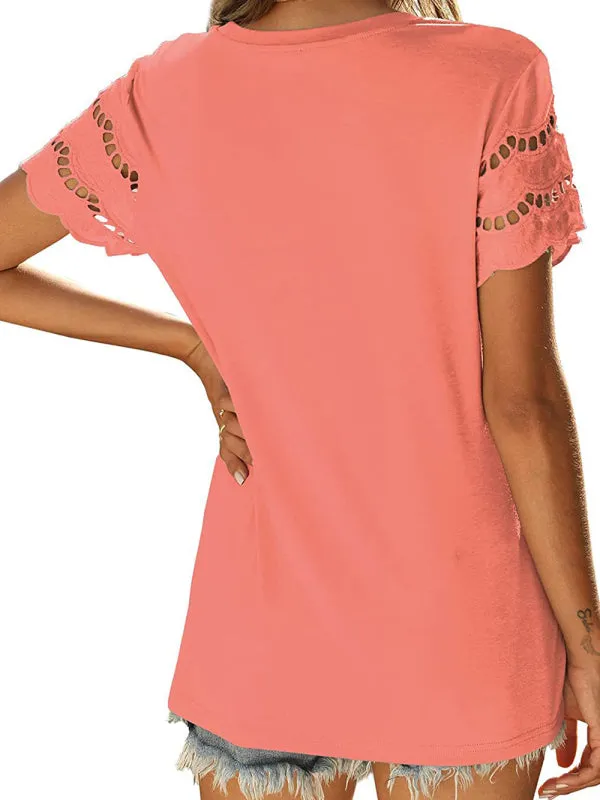 Women's Solid Colour Embroidered Cut Out Sleeve Detail Top