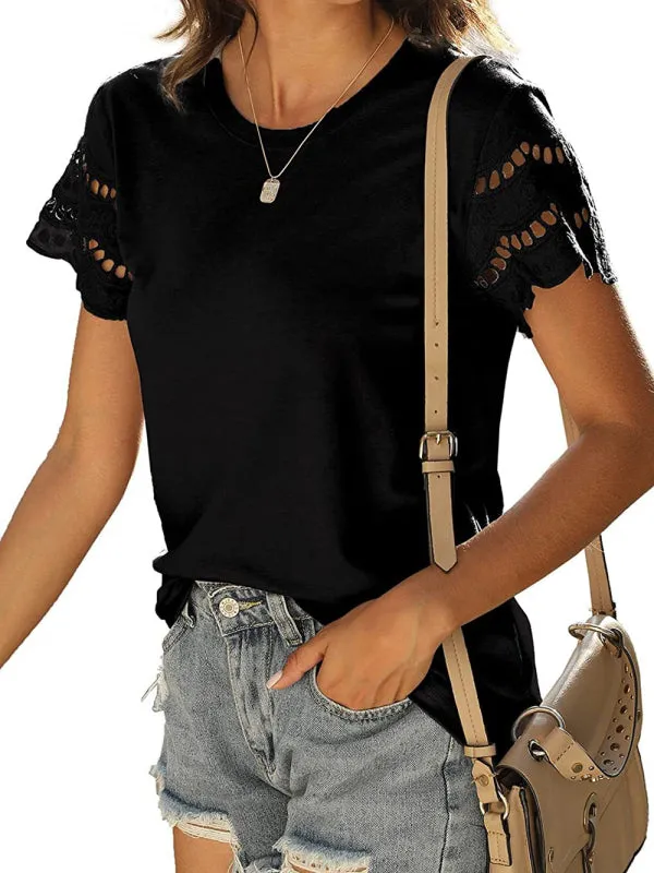 Women's Solid Colour Embroidered Cut Out Sleeve Detail Top