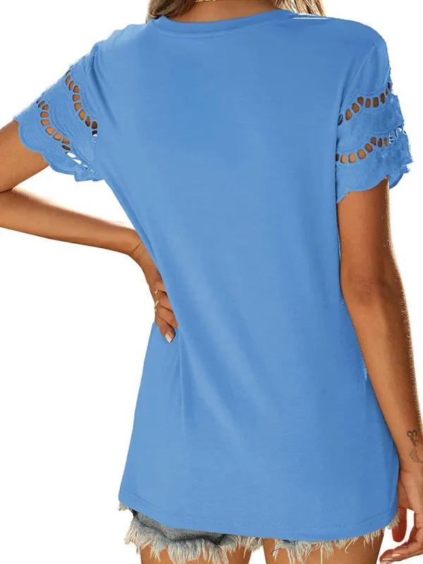 Women's Solid Colour Embroidered Cut Out Sleeve Detail Top