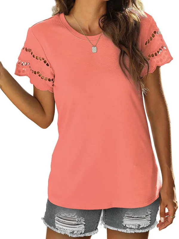 Women's Solid Colour Embroidered Cut Out Sleeve Detail Top