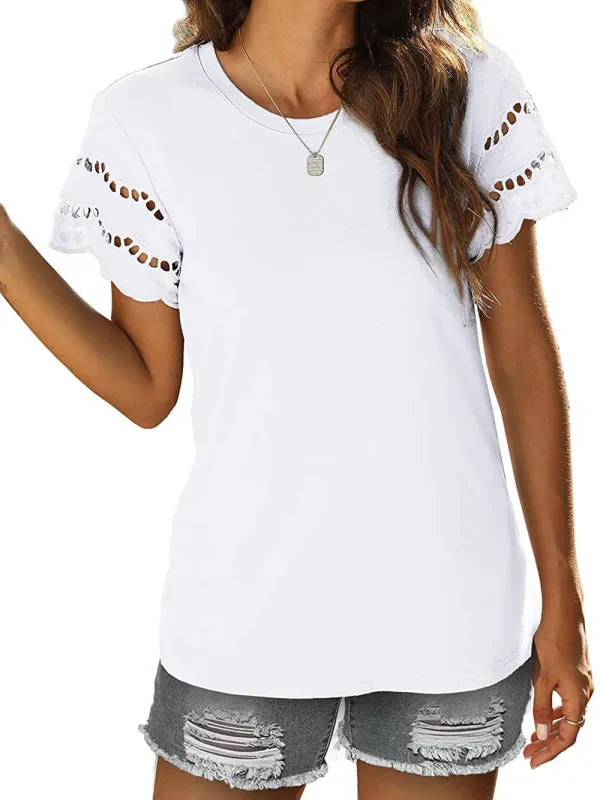 Women's Solid Colour Embroidered Cut Out Sleeve Detail Top