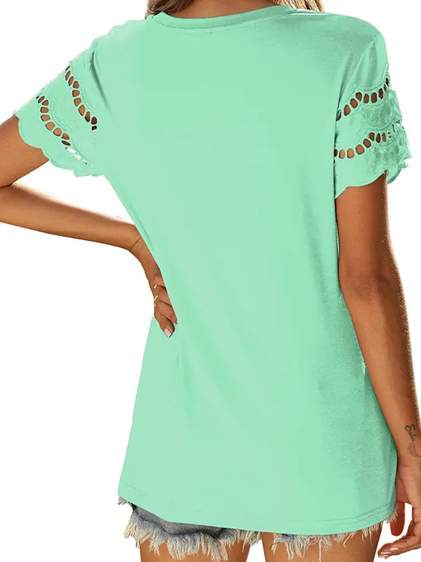 Women's Solid Colour Embroidered Cut Out Sleeve Detail Top