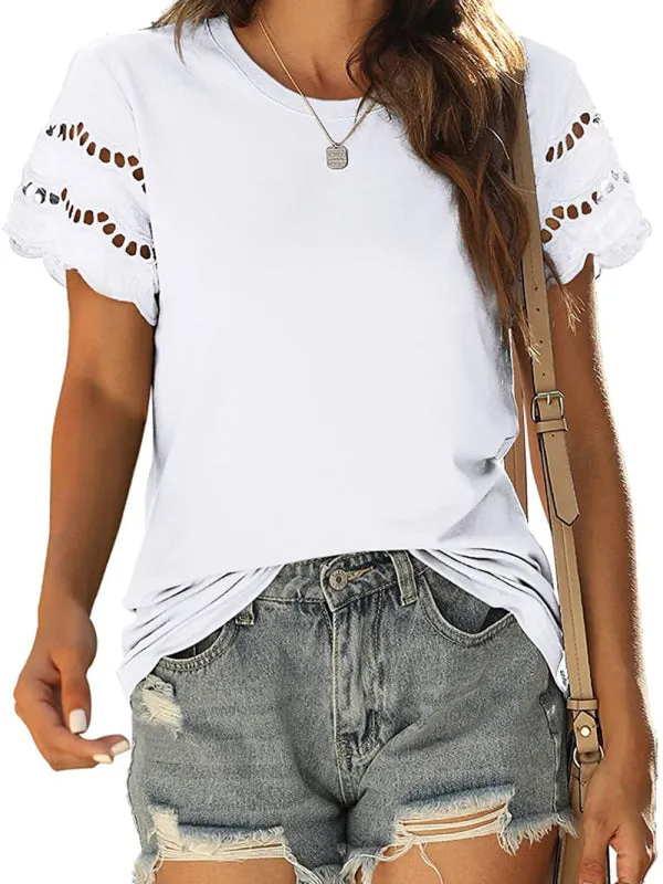 Women's Solid Colour Embroidered Cut Out Sleeve Detail Top