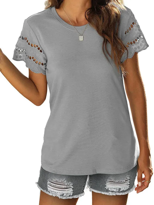 Women's Solid Colour Embroidered Cut Out Sleeve Detail Top