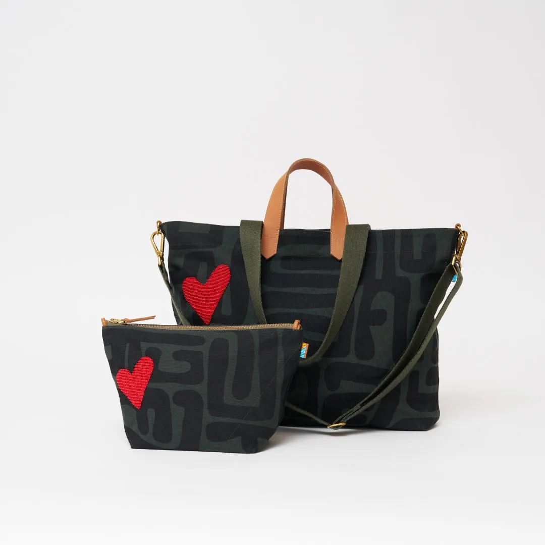 XLarge Convertible Pouch - Safari Kuba with Beaded Red Heart